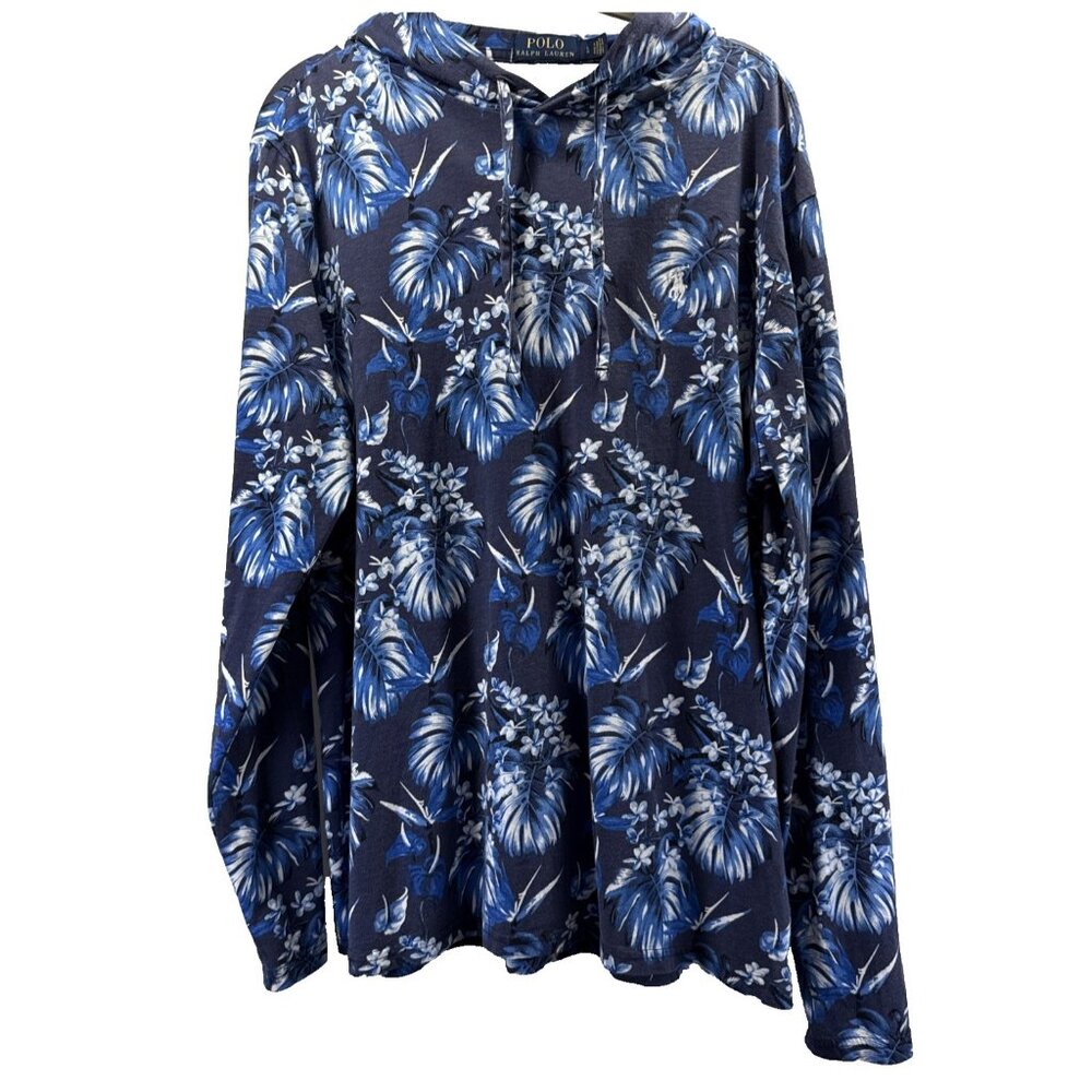 Polo Ralph Lauren Women's Top Blue Hawaiian Floral Coastal Tropical Casual Light
